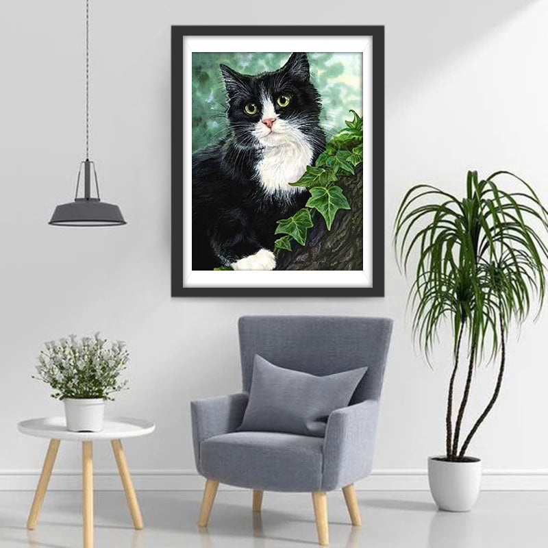 Een Kat tussen de Bladeren aan de Boom Diamond Painting