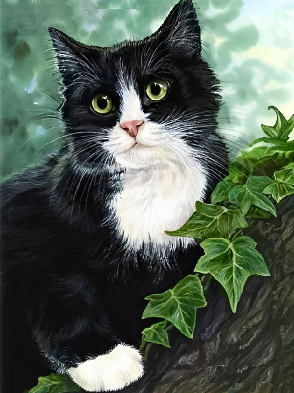 Een Kat tussen de Bladeren aan de Boom Diamond Painting