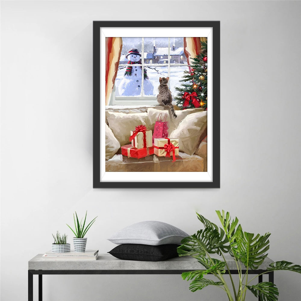 Een Katje en een Sneeuwpop Gescheiden door een Raam Diamond Painting