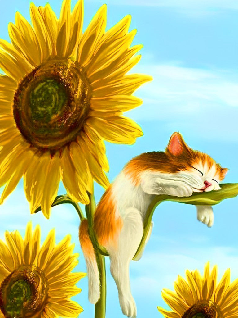 Een Klein Katje Slaapt op een Zonnebloemblad Diamond Painting