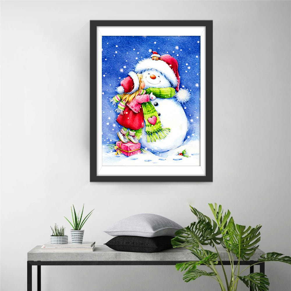Een Klein Meisje dat een Sneeuwpop Omhelst Diamond Painting