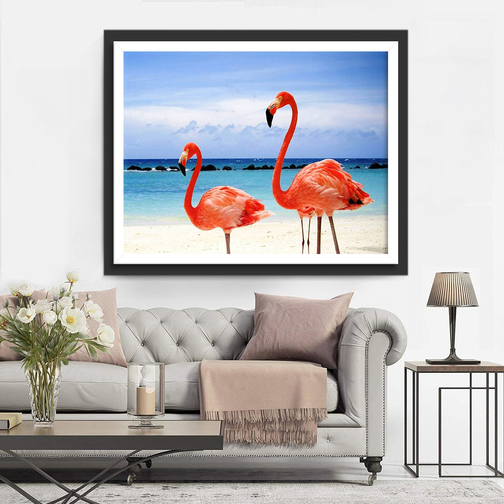 Een Kleine en een Grote Flamingo op het Strand Diamond Painting