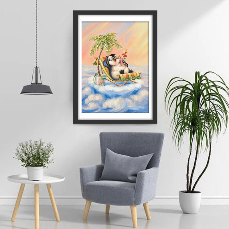 Een Kleine Pinguïn is op Vakantie in een Strandstoel Diamond Painting