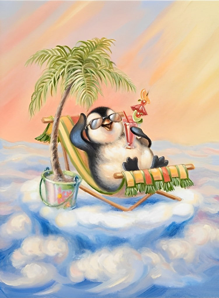 Een Kleine Pinguïn is op Vakantie in een Strandstoel Diamond Painting