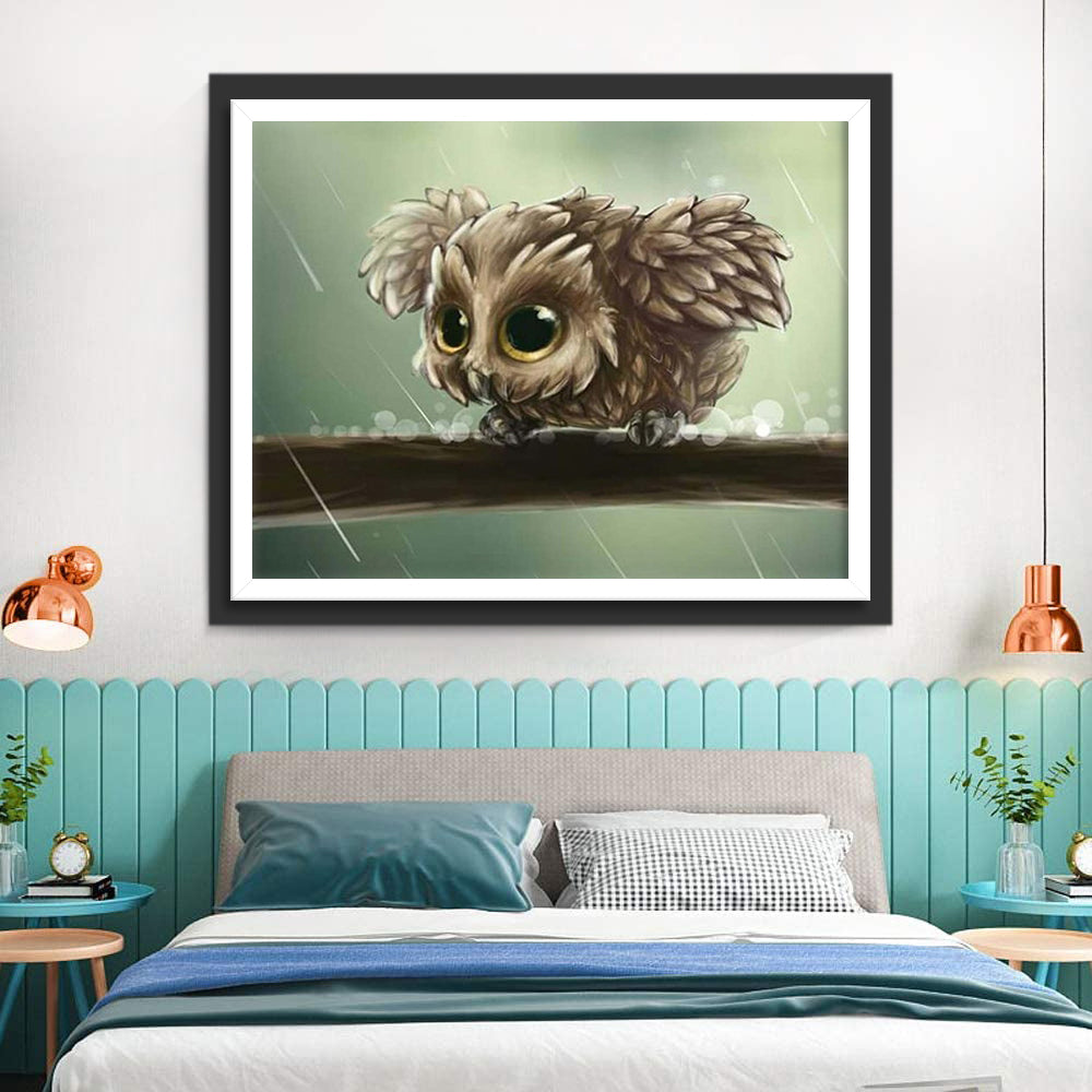 Een Kleine Uil op de Tak op een Regenachtige Dag Diamond Painting