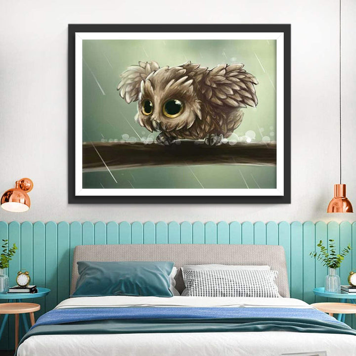 Een Kleine Uil op de Tak op een Regenachtige Dag Diamond Painting