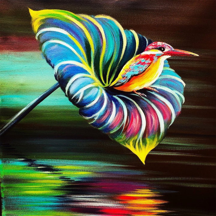 Een Kleurrijk Blad en een Vogel Diamond Painting