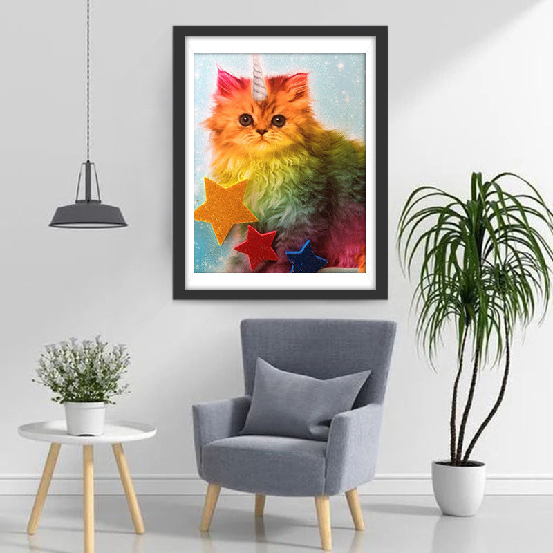 Een Kleurrijke Kat met een Hoorn en Sterren Diamond Painting