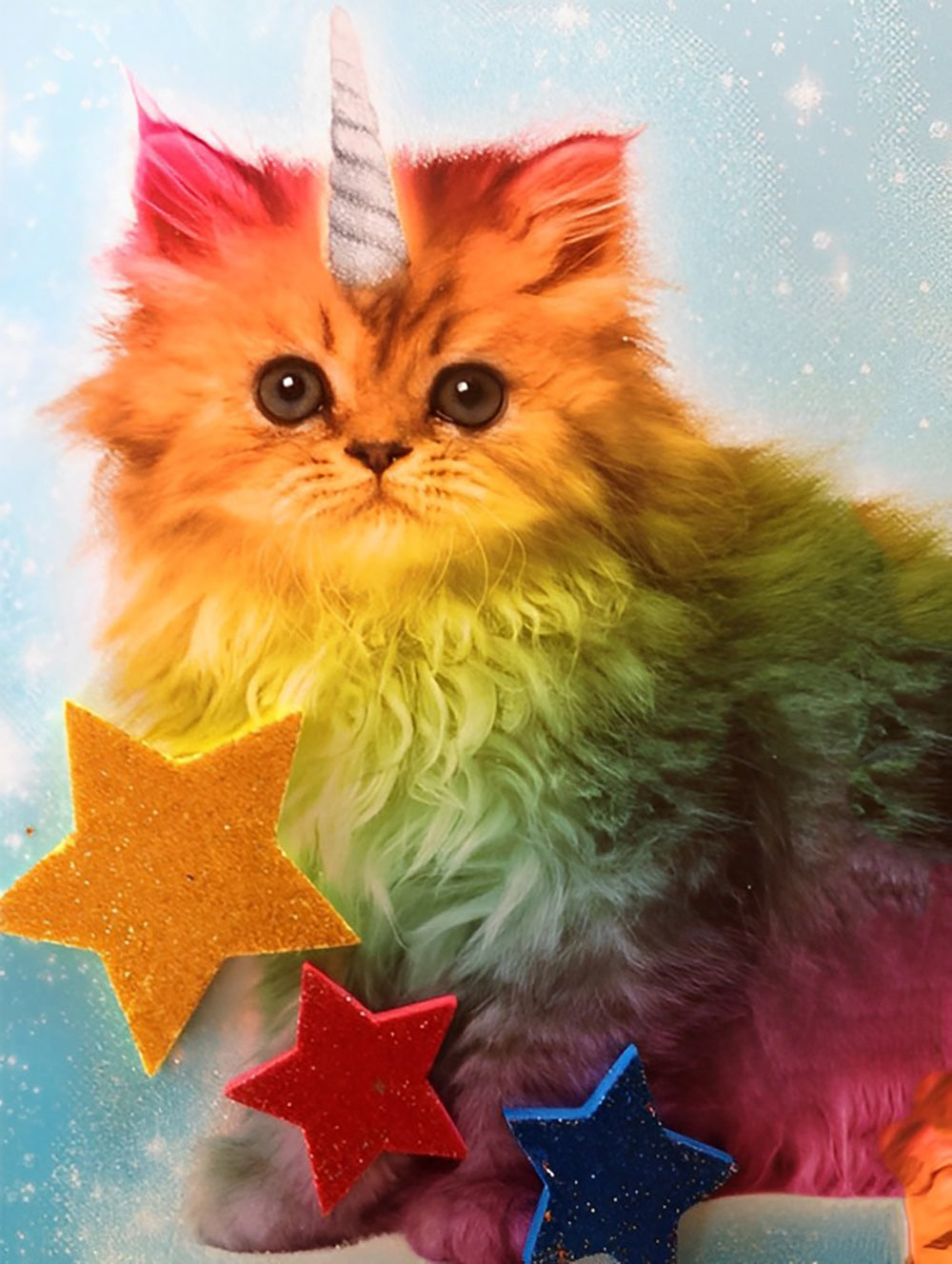 Een Kleurrijke Kat met een Hoorn en Sterren Diamond Painting
