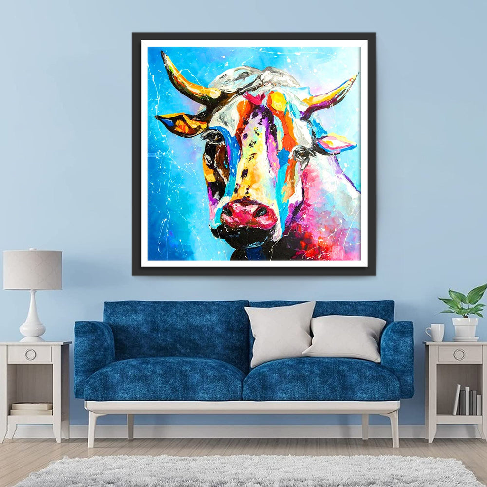 Een Kleurrijke Koe tegen een Blauwe Achtergrond Diamond Painting