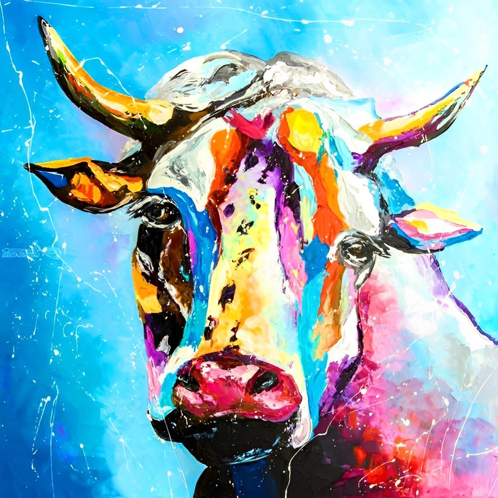 Een Kleurrijke Koe tegen een Blauwe Achtergrond Diamond Painting