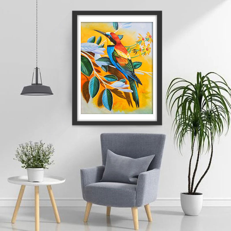 Een Kleurrijke Kolibrie op Gele Bloemen en Bladeren Diamond Painting