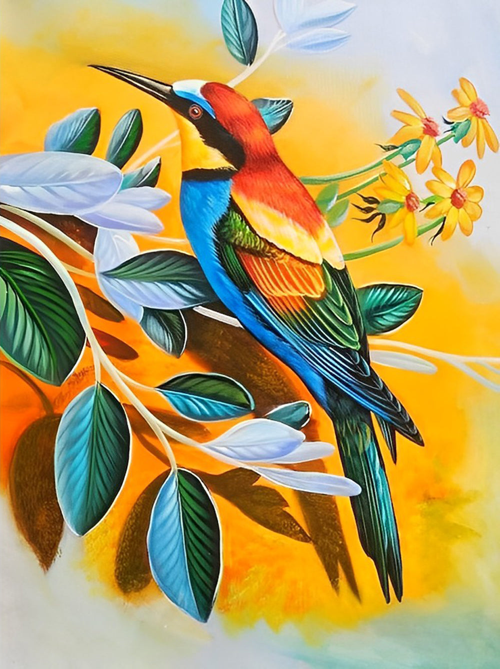 Een Kleurrijke Kolibrie op Gele Bloemen en Bladeren Diamond Painting