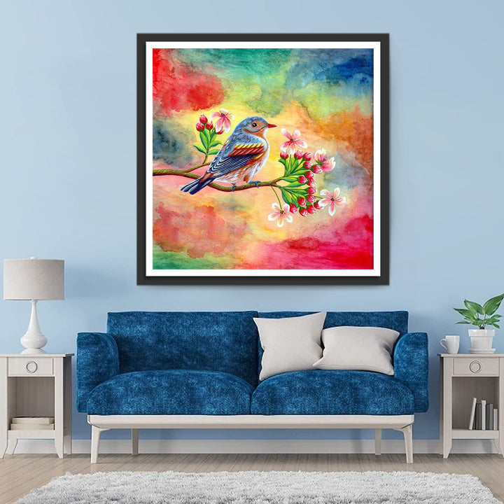 Een Kleurrijke Mus op een Roze Bloemenboom Diamond Painting