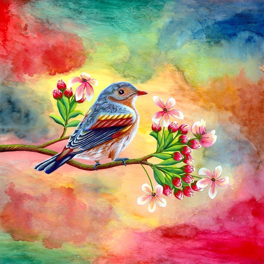 Een Kleurrijke Mus op een Roze Bloemenboom Diamond Painting