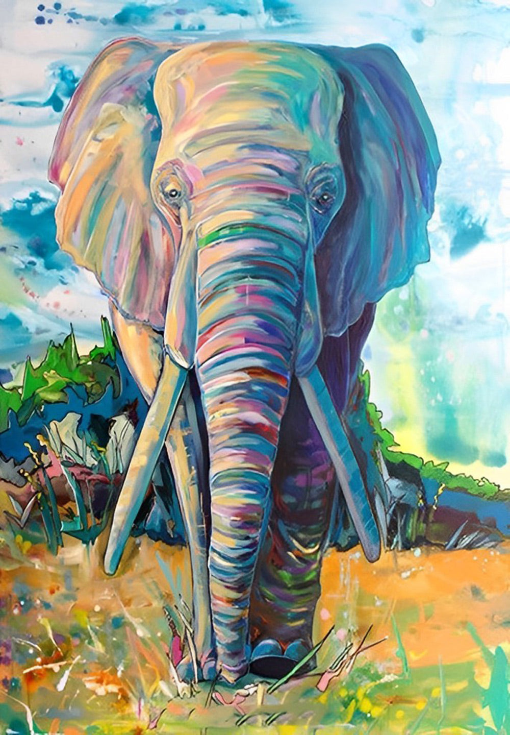 Een Kleurrijke Olifant in de Weide Diamond Painting
