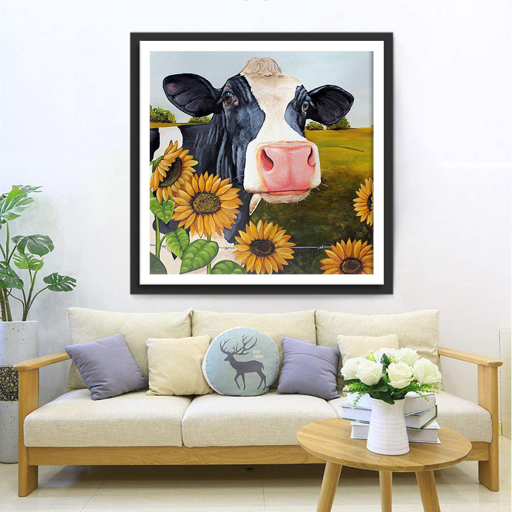 Een Koe in een Zonnebloemveld Diamond Painting