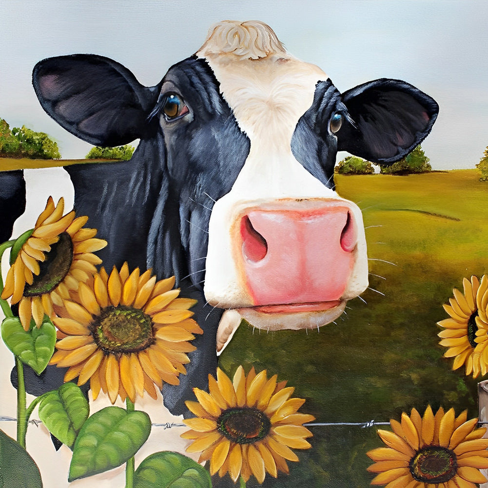Een Koe in een Zonnebloemveld Diamond Painting