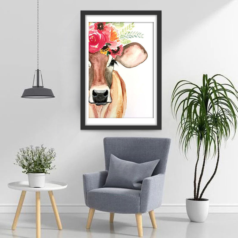 Een Koe met Roze Bloemen op haar Kop Diamond Painting
