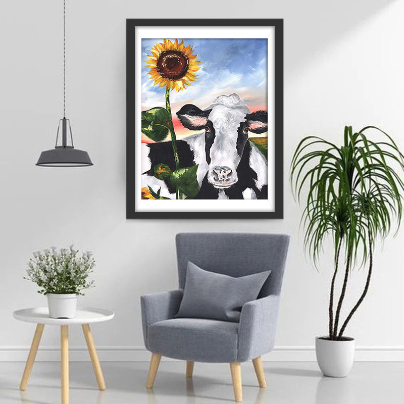 Een Koe naast een Zonnebloem Diamond Painting