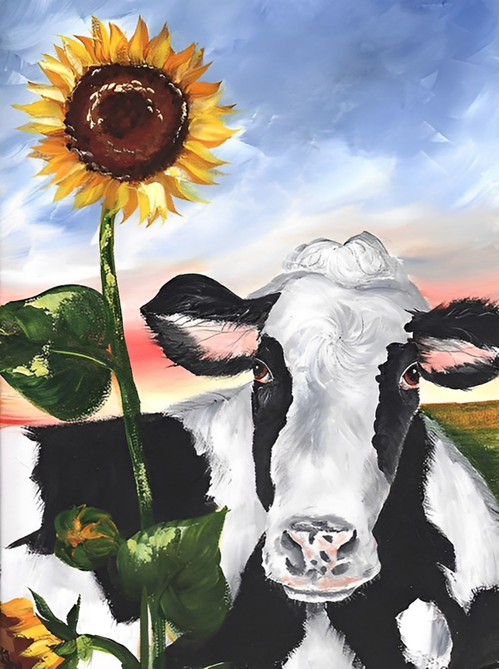 Een Koe naast een Zonnebloem Diamond Painting
