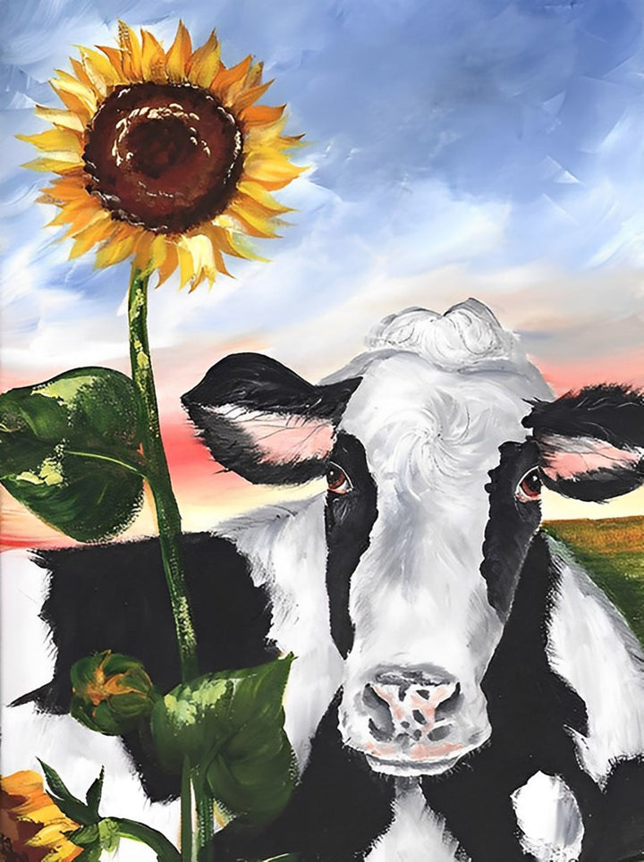 Een Koe naast een Zonnebloem Diamond Painting