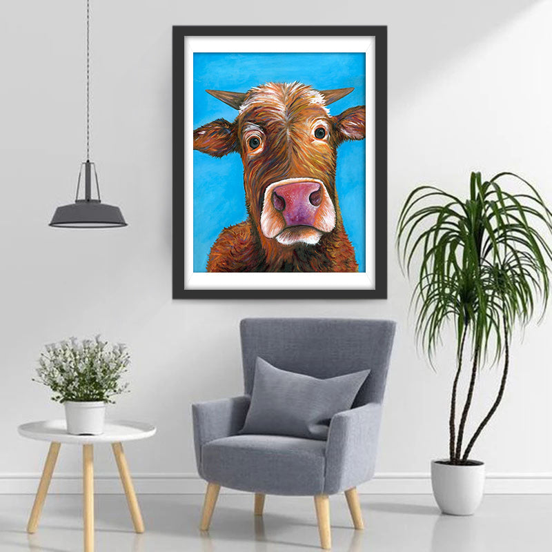 Een Koe op een Blauwe Achtergrond Diamond Painting
