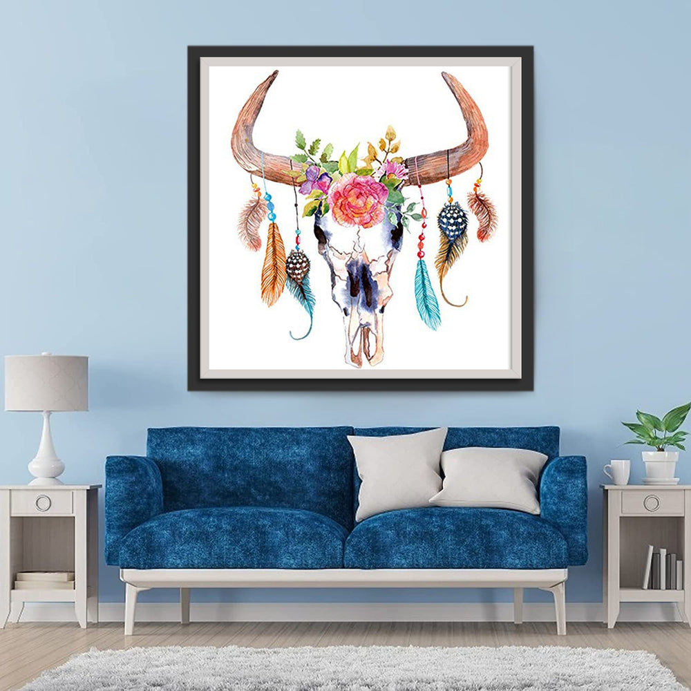 Een Koeienschedel met Ornamenten op de Horens Diamond Painting