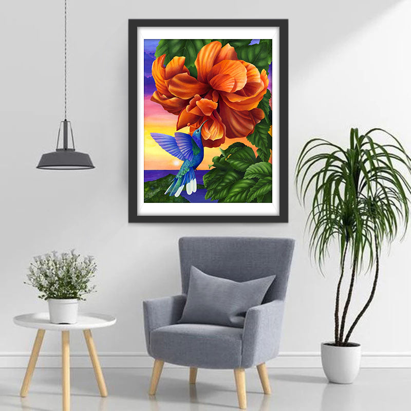 Een Kolibrie op een Grote Oranje Bloem Diamond Painting