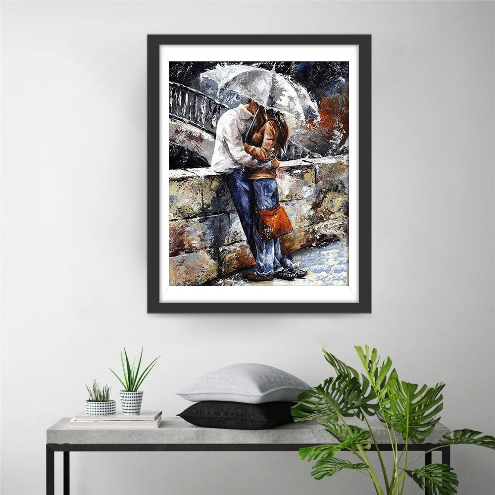 Een Koppel Beschermt zich tegen de Regen met een Paraplu Diamond Painting