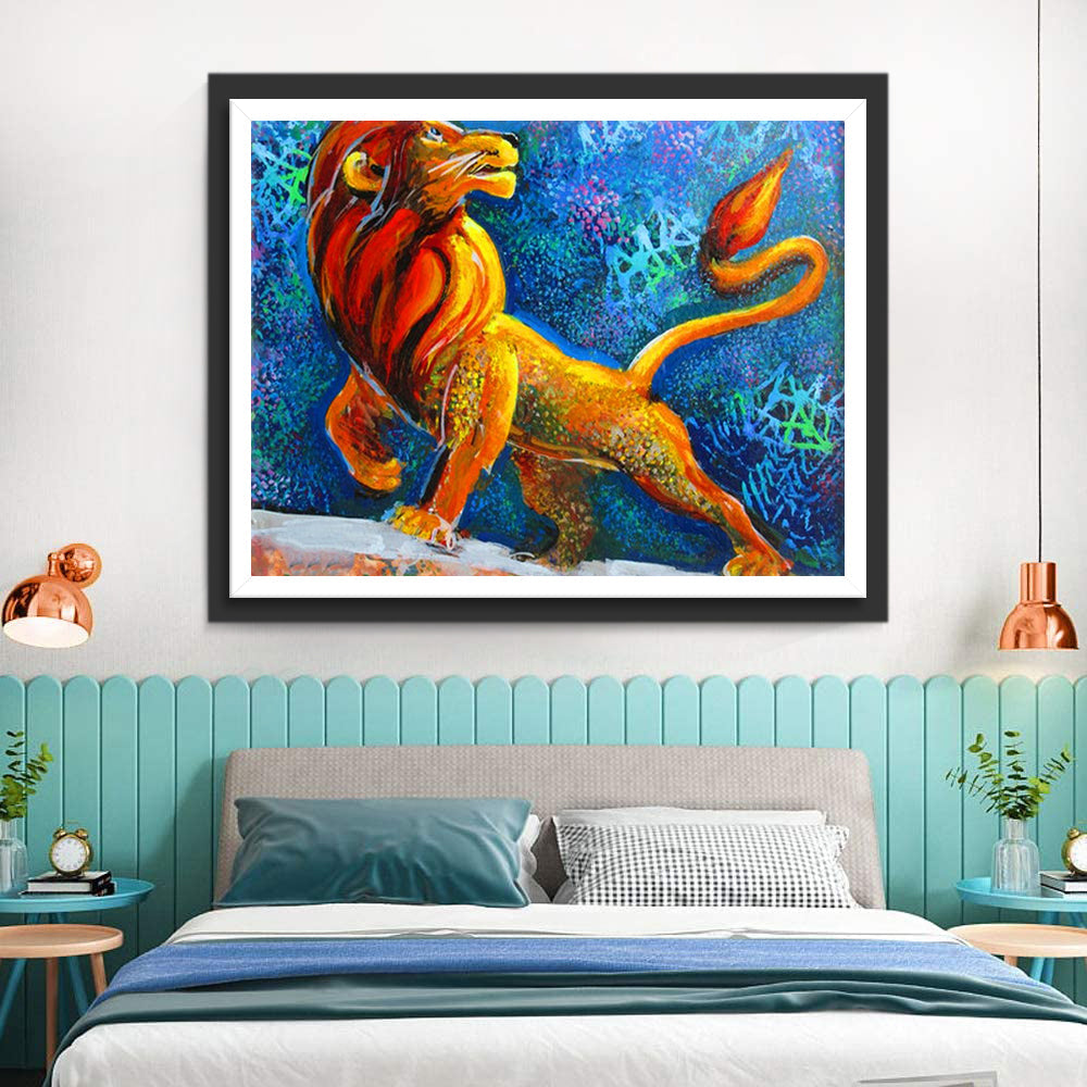 Een Leeuw Draait zijn Kop en Kijkt naar de Lucht Diamond Painting