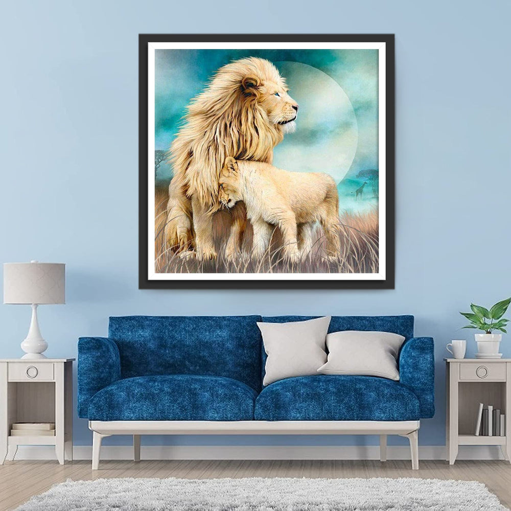 Een Leeuw en zijn Welp in een Weide Diamond Painting