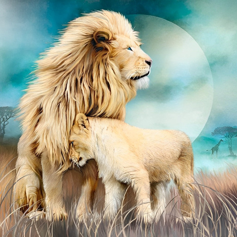 Een Leeuw en zijn Welp in een Weide Diamond Painting