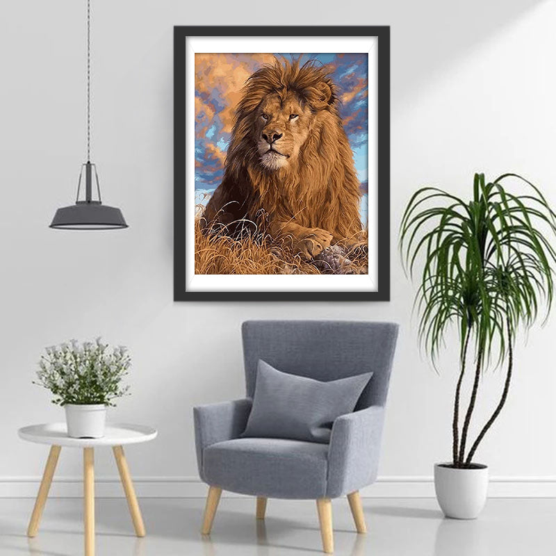 Een Leeuw in het Droge Gras Diamond Painting