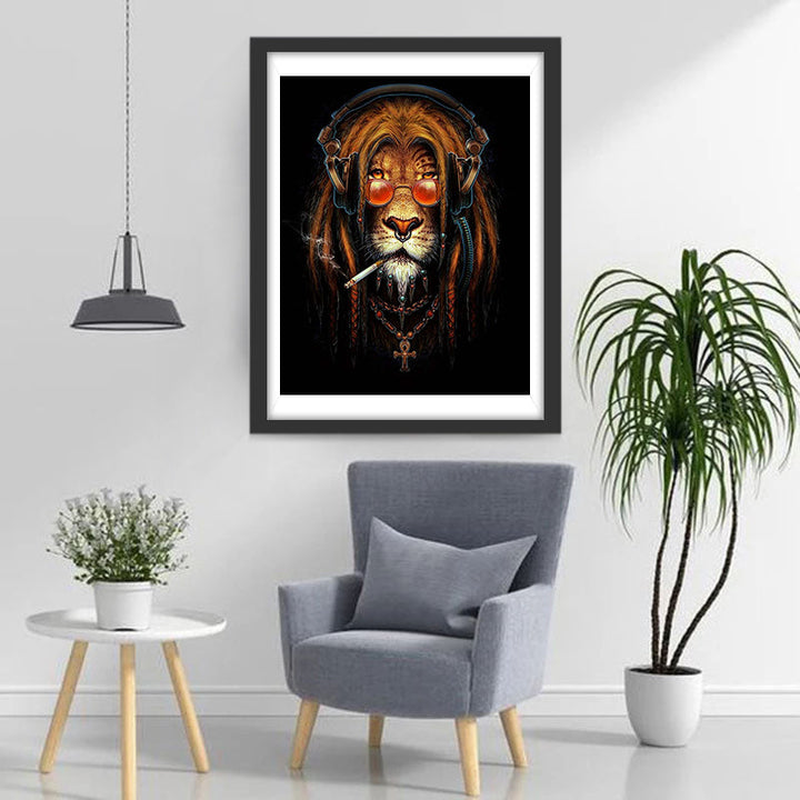 Een Leeuw met een Rode Bril en Rokend Diamond Painting
