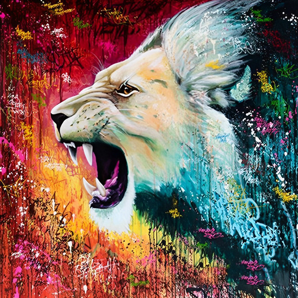 Een Leeuw op een Kleurrijke Achtergrond Diamond Painting