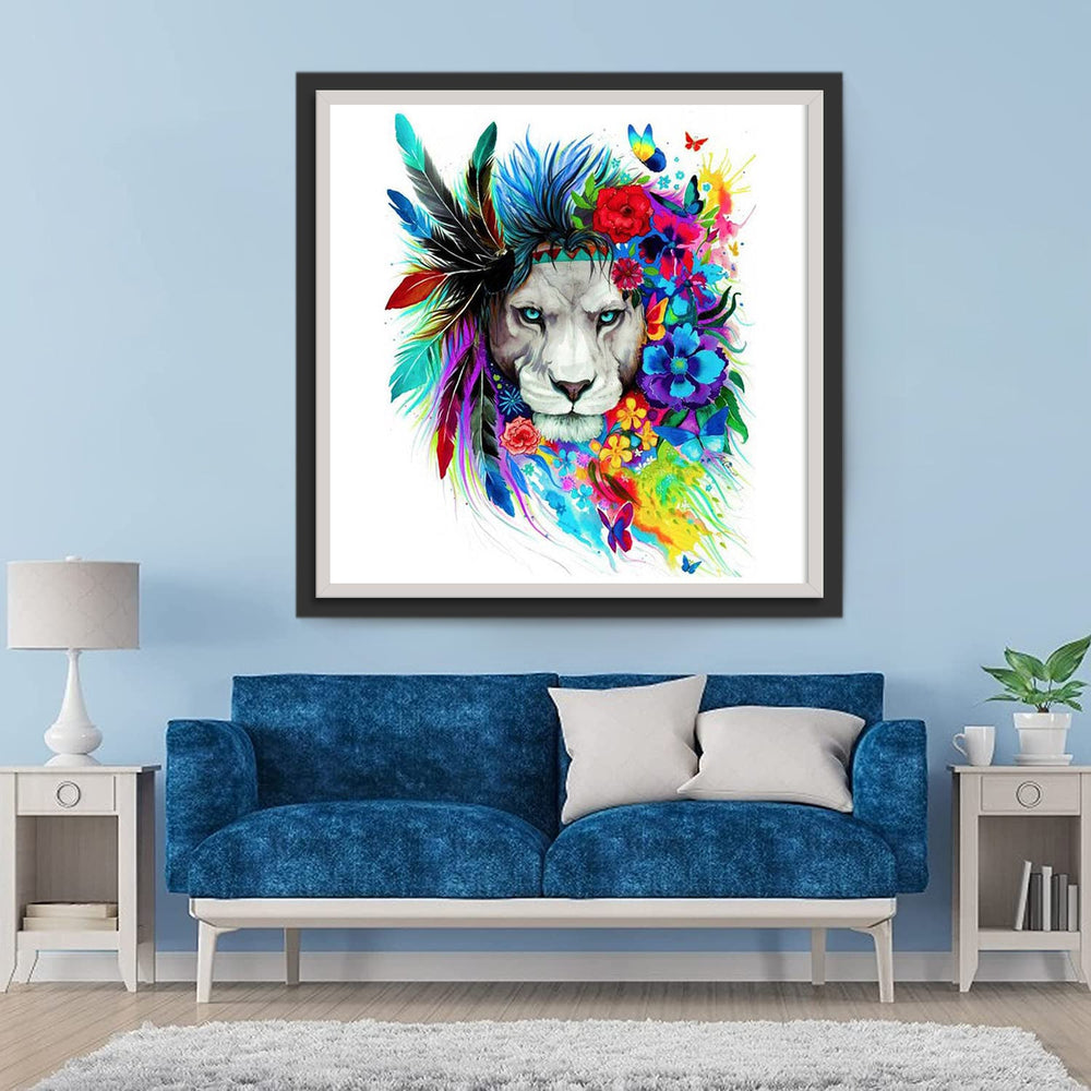 Een Leeuwenkop omringd door Bloemen en Vlinders Diamond Painting