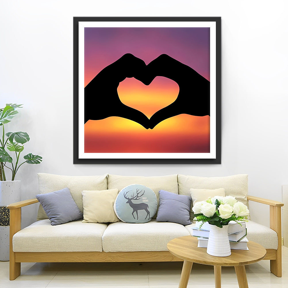 Een Liefdeshand in Silhouet bij Avondrood Diamond Painting