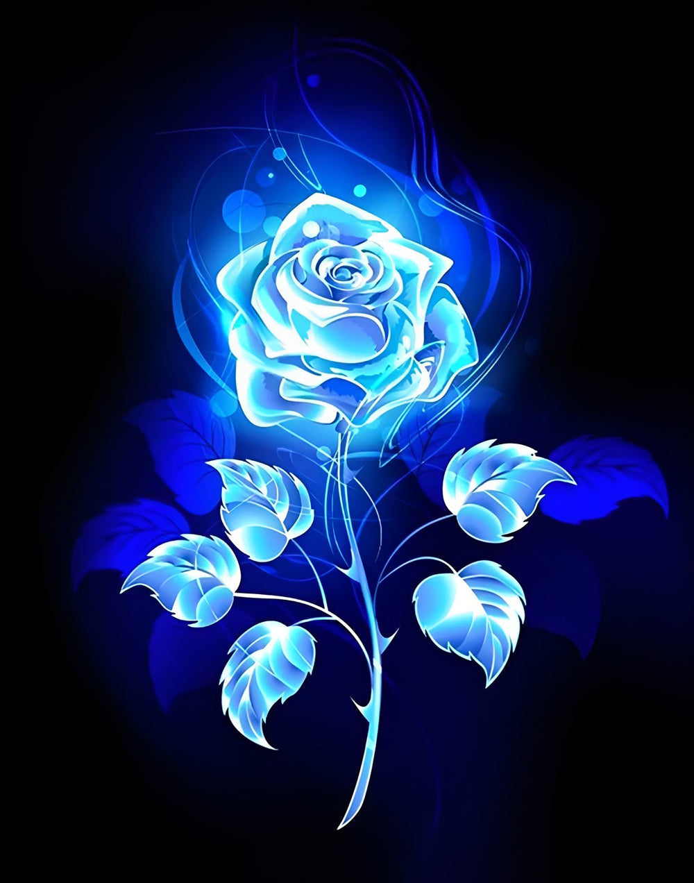 Een Lumineus Blauwe Roos en Haar Bladeren in het Duister Diamond Painting