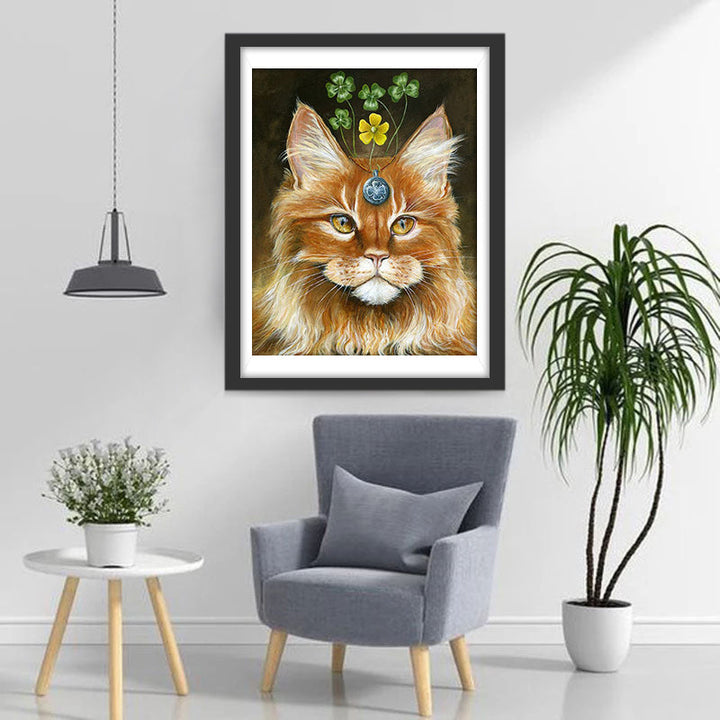 Een Maine Coon Getooid met Klavertjes Vier Diamond Painting
