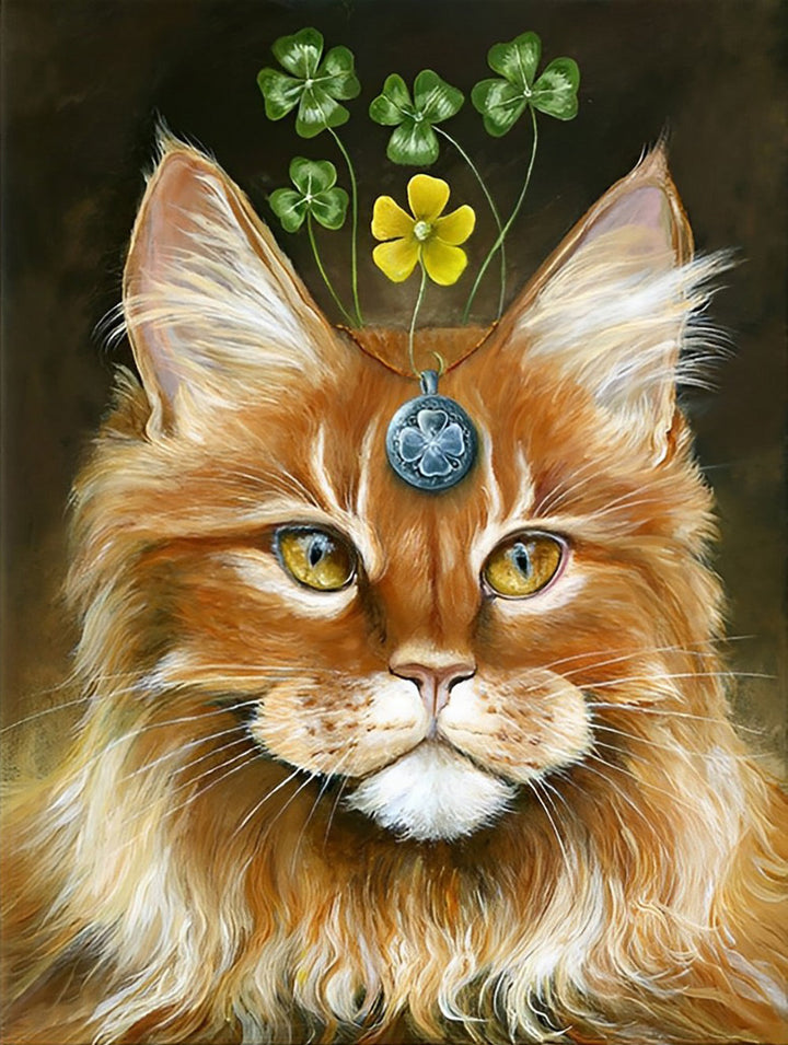 Een Maine Coon Getooid met Klavertjes Vier Diamond Painting