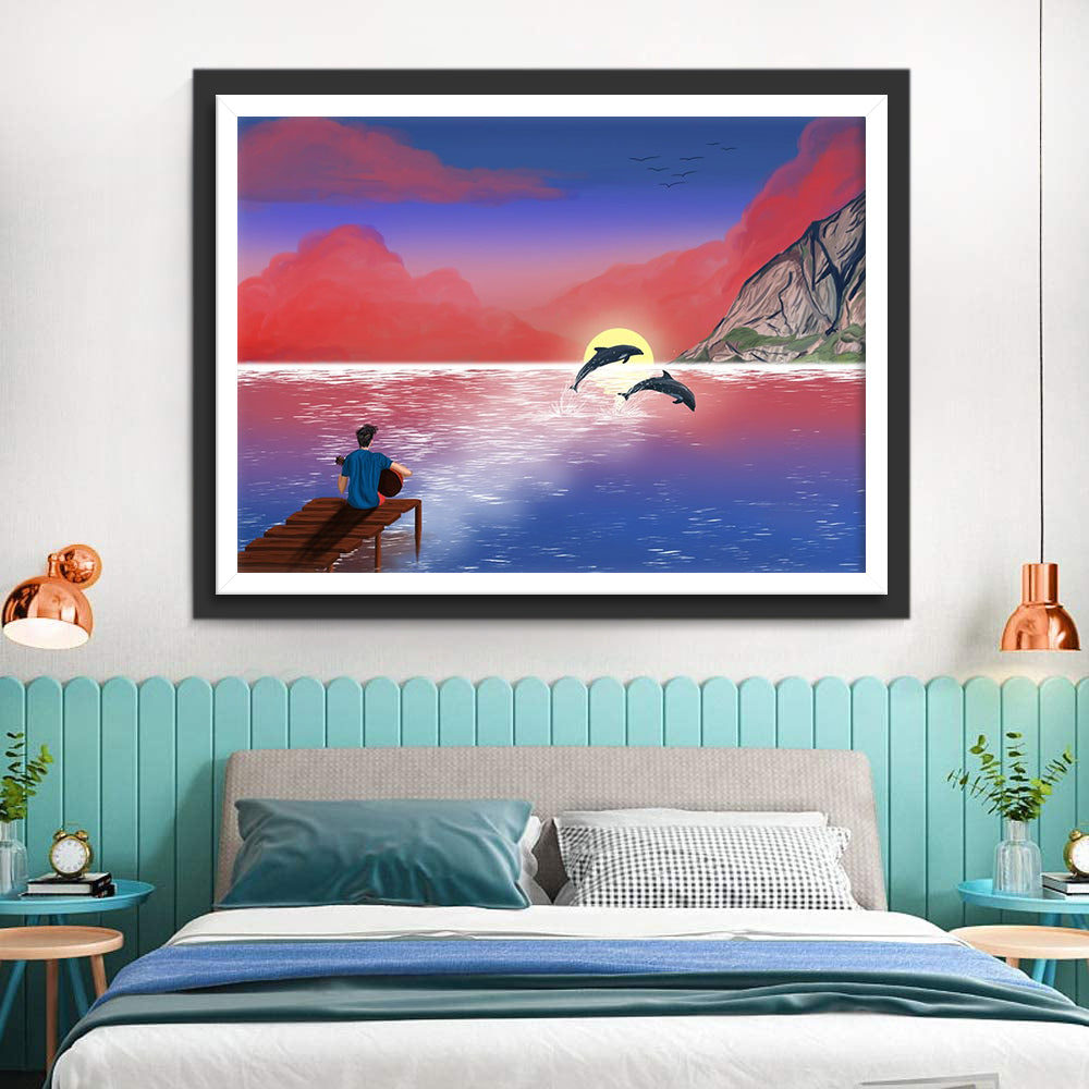 Eén man, één Zee, één paar Dolfijnen Diamond Painting