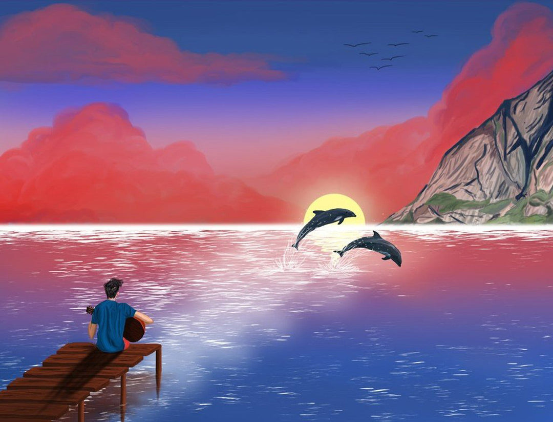 Eén man, één Zee, één paar Dolfijnen Diamond Painting