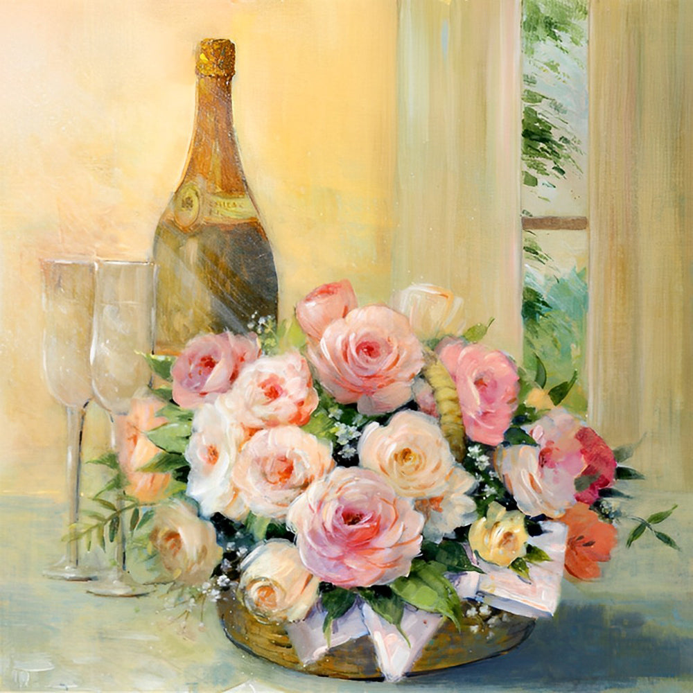 Een Mand Vol Zachte Roze Rozen naast Champagne en Glazen Diamond Painting