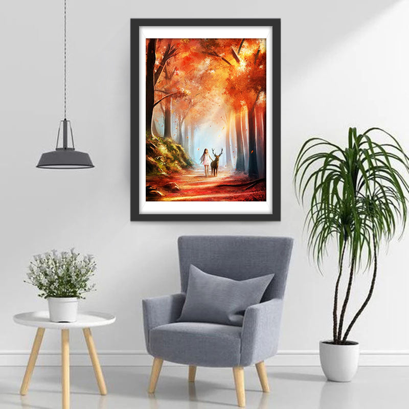 Een Meisje en het Hert in de Goudgele Herfst Diamond Painting