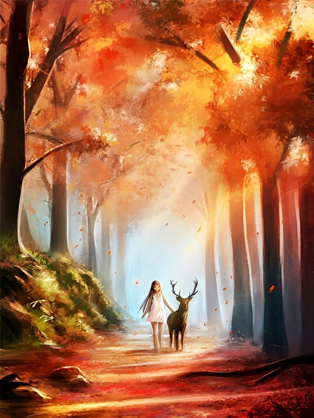 Een Meisje en het Hert in de Goudgele Herfst Diamond Painting