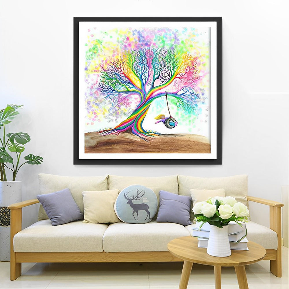 Een Mens Schommelt onder een Kleurrijke Boom Diamond Painting