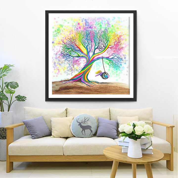 Een Mens Schommelt onder een Kleurrijke Boom Diamond Painting