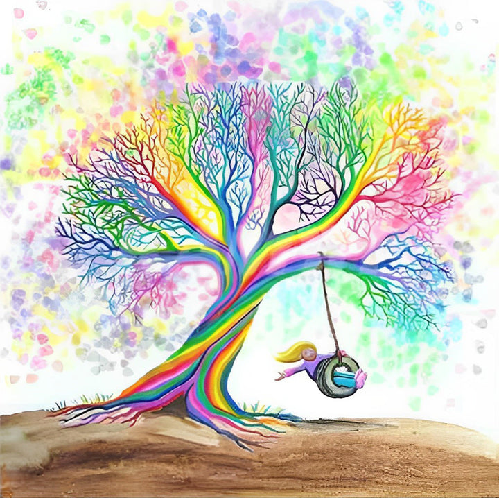Een Mens Schommelt onder een Kleurrijke Boom Diamond Painting
