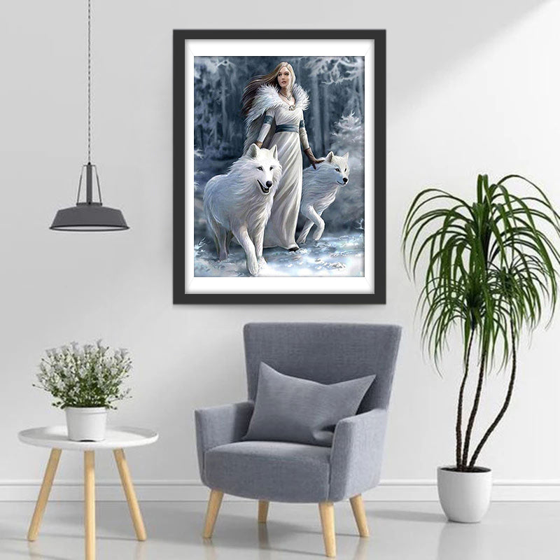 Een Mooie Vrouw en Twee Witte Wolven Diamond Painting